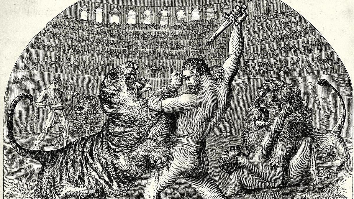 Art of man fighting tiger in ancient Rome