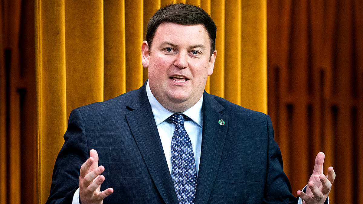 Canadian politician Andrew Lawton speaking with hands raised