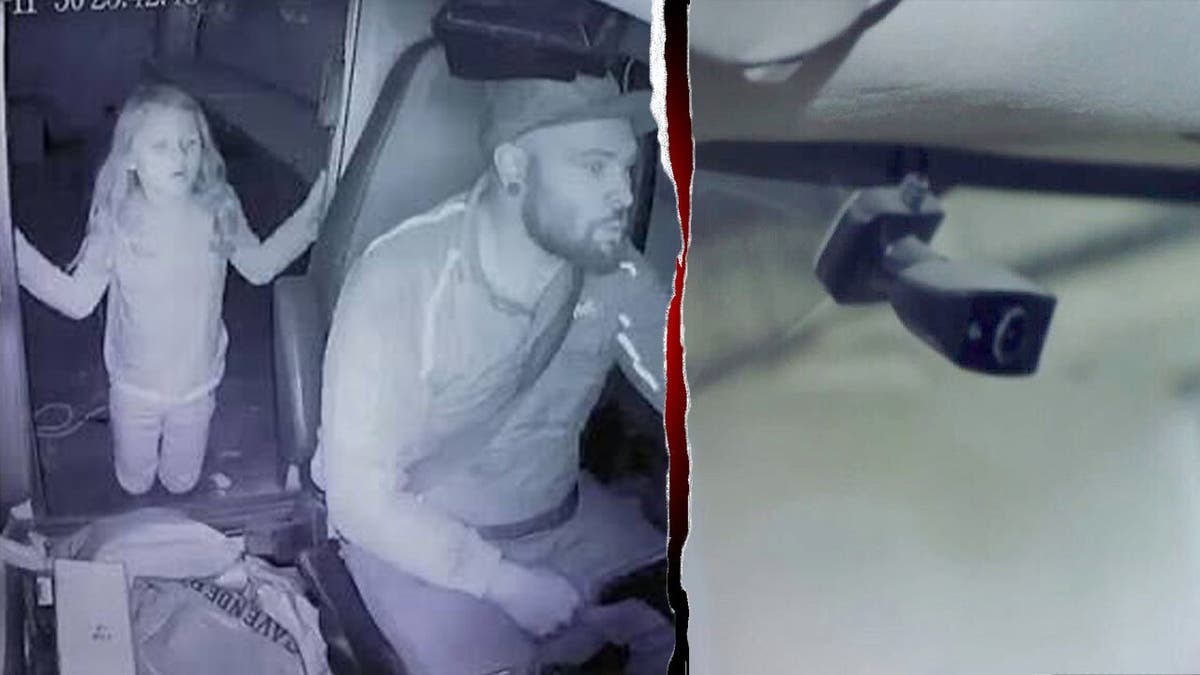 A split photo of Athena Strand and Tanner Horner and a FedEx video camera mounted inside the truck