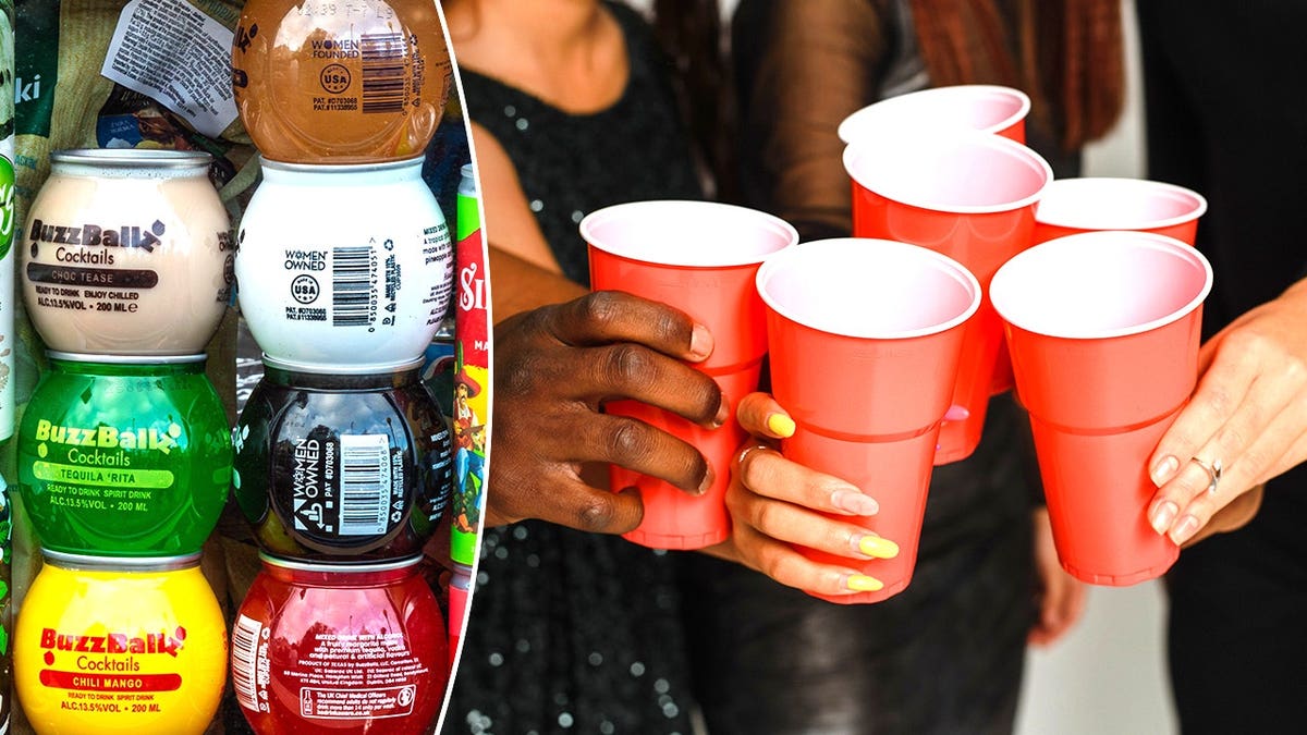 Split image of BuzzBallz in store, young adults drinking at party