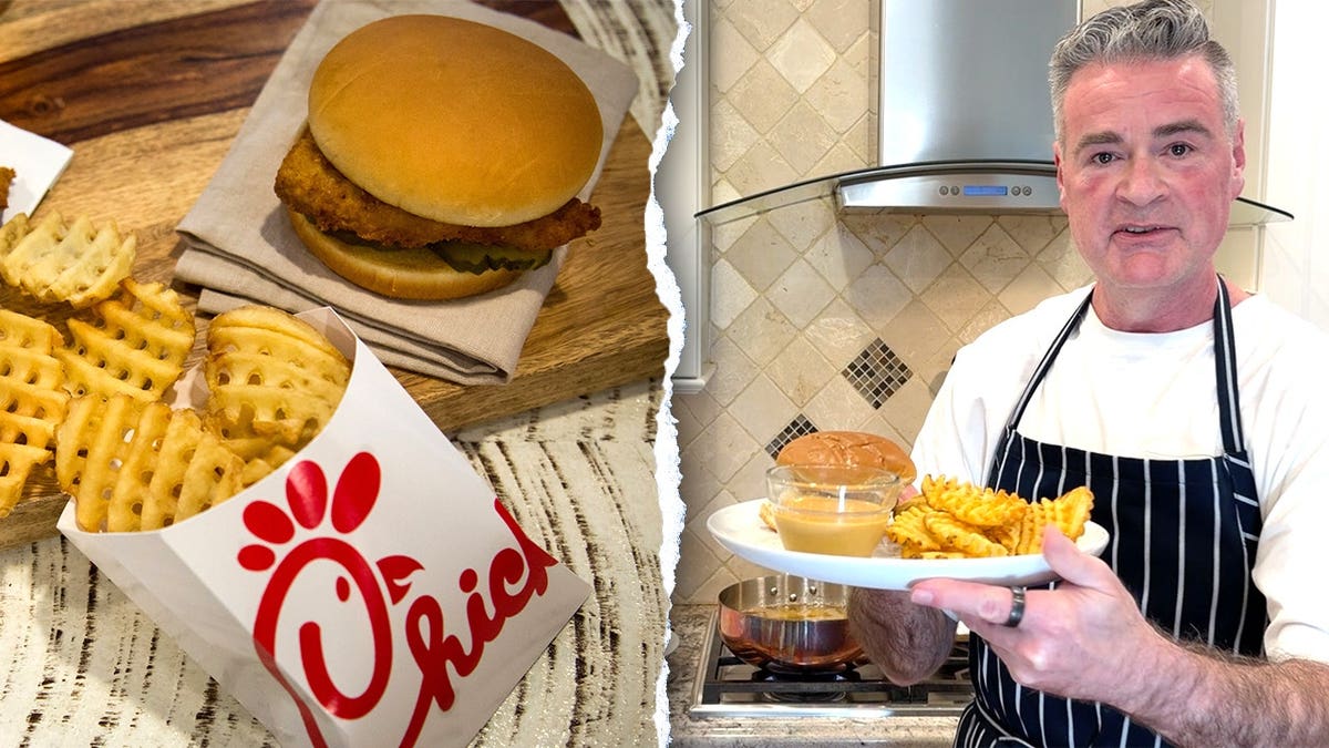 Split image of Chick-Fil-A sandwich and James Walker holding copycat