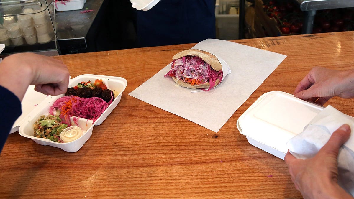 Vegetarian food on table at Clover Food Lab in Boston