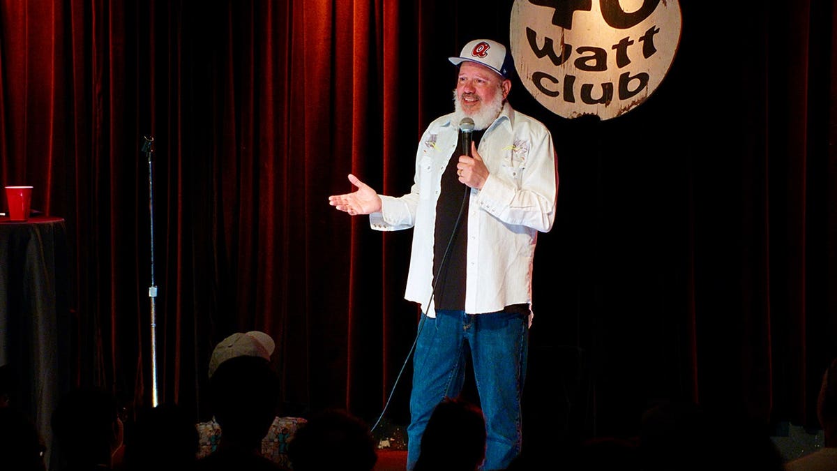 A view of the stage inside the 40 Watt Club in Athens, Georgia, where David Cross is seen during a standup performance.