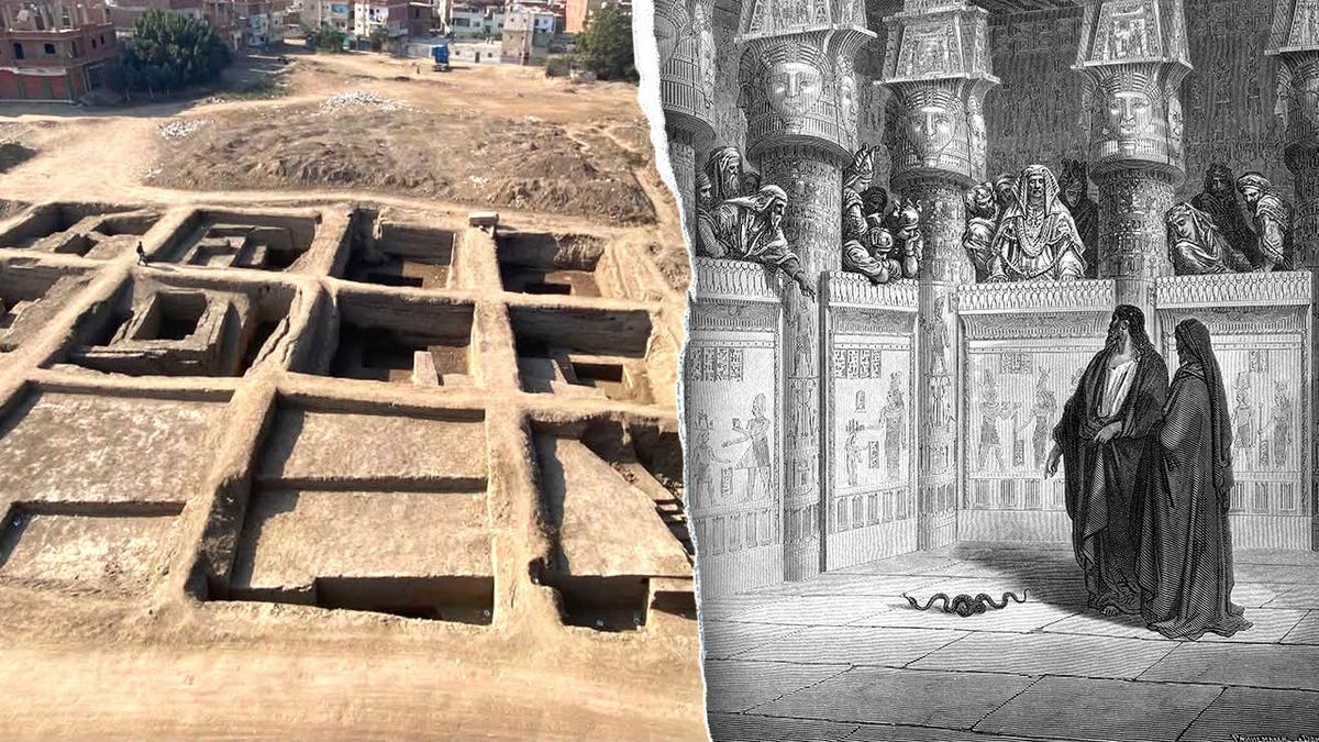 Split image of excavation site, depiction of Moses and pharaoh