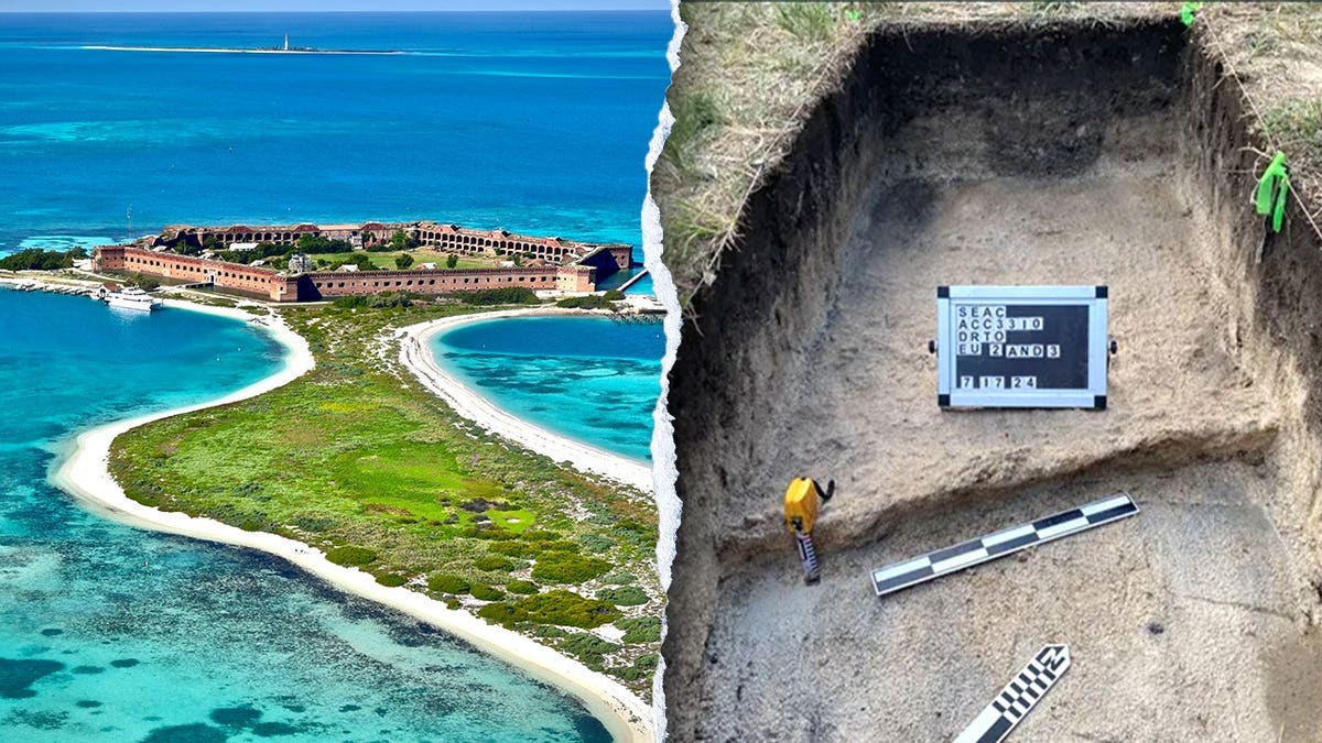 Split image of Fort Jefferson aerials, excavation picture of building foundation