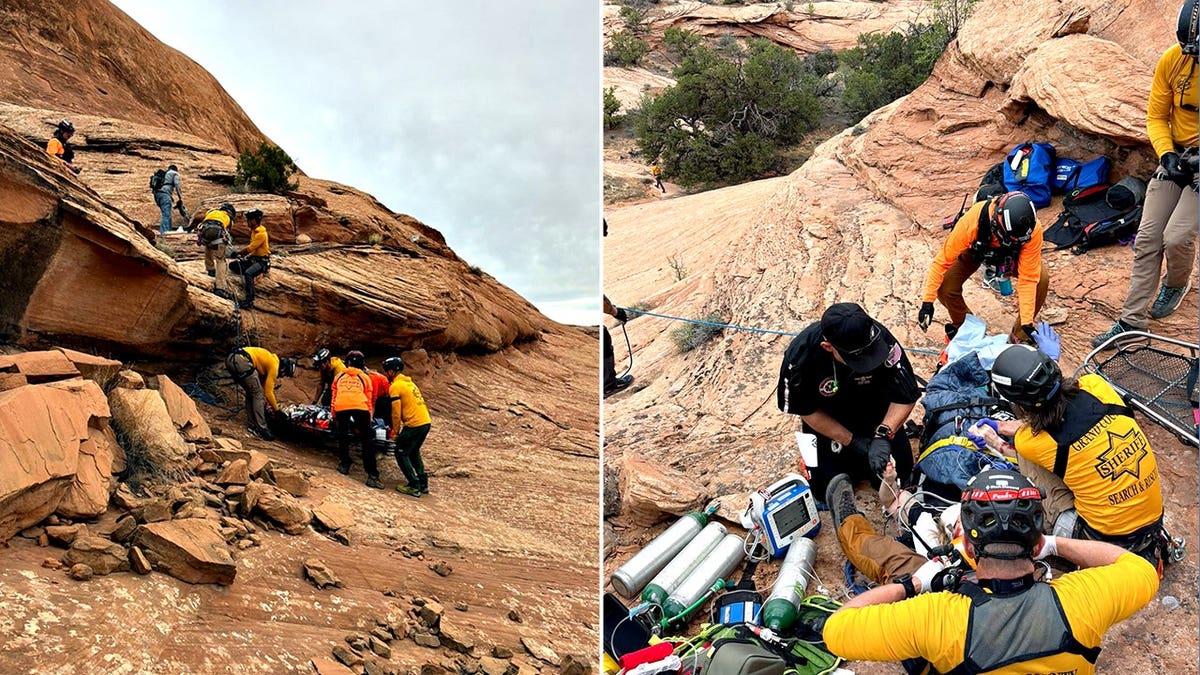 rescuers helping injured hiker on cliff