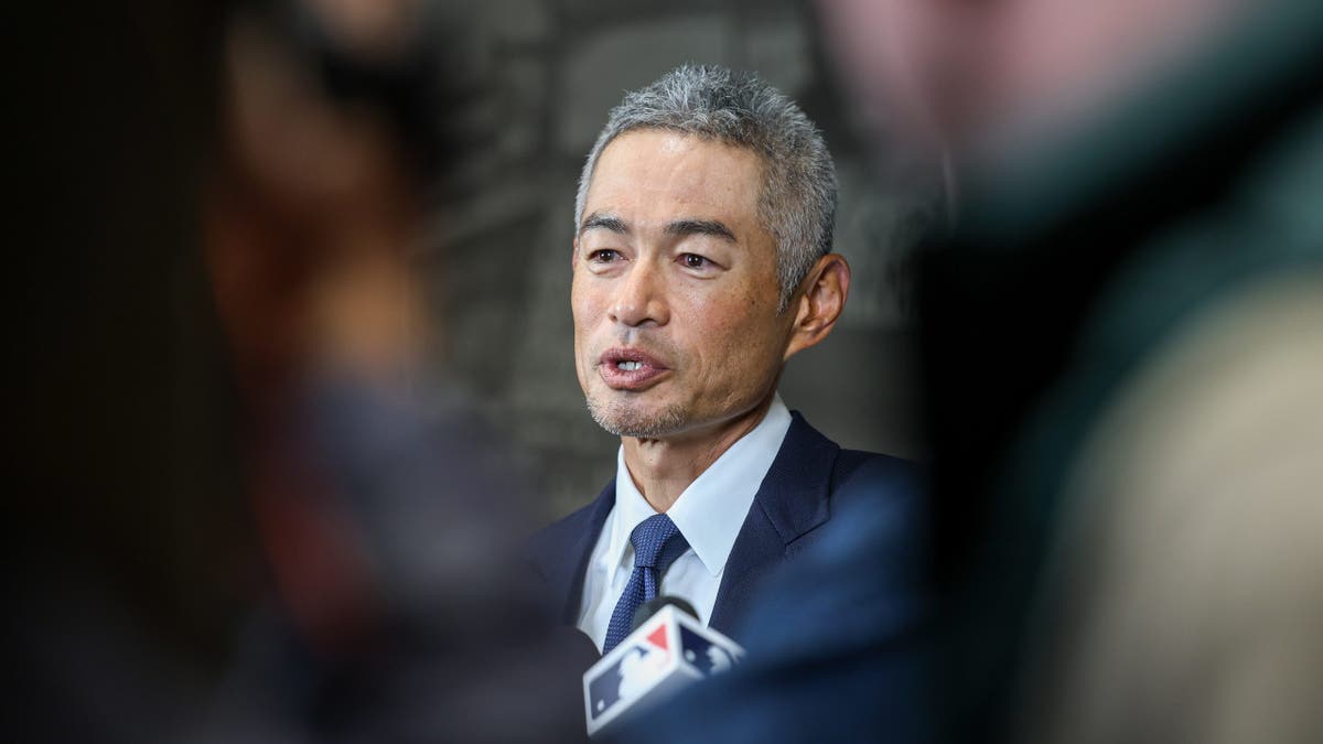 Ichiro Suzuki answering questions from media at T-Mobile Park in Seattle
