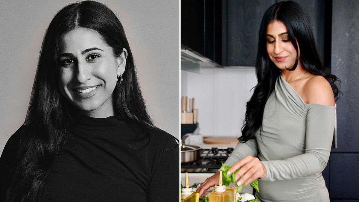 Kaureen Randhawa poses in a black and white picture, left, as she cooks in the kitchen, right.