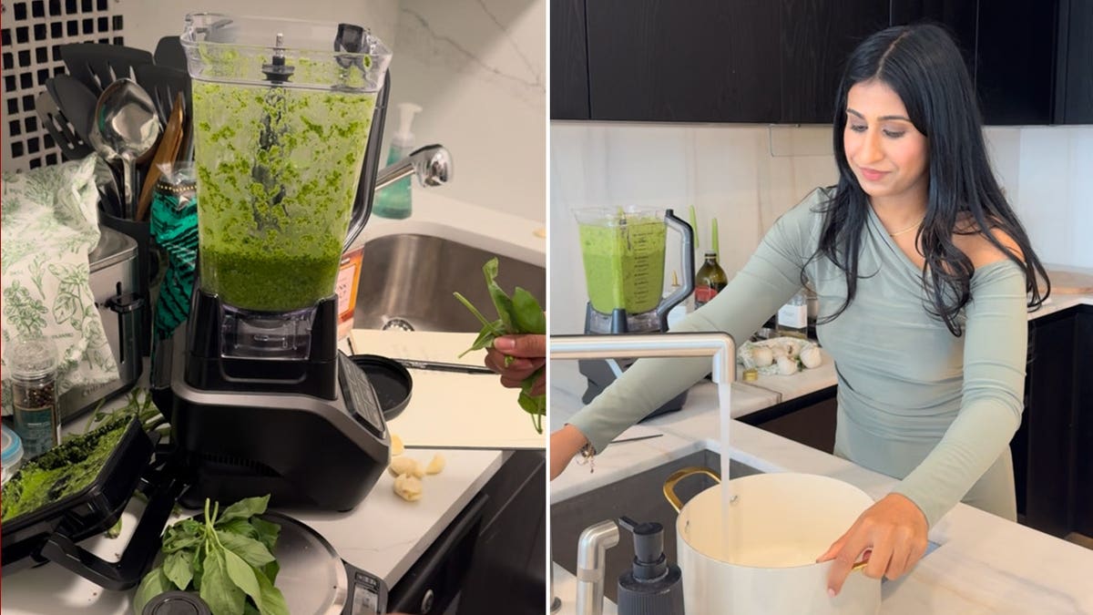 An early version of Besto is shown in a blender, left. Kaureen Randhawa holds a pot underneath the water faucet of the kitchen sink, right.