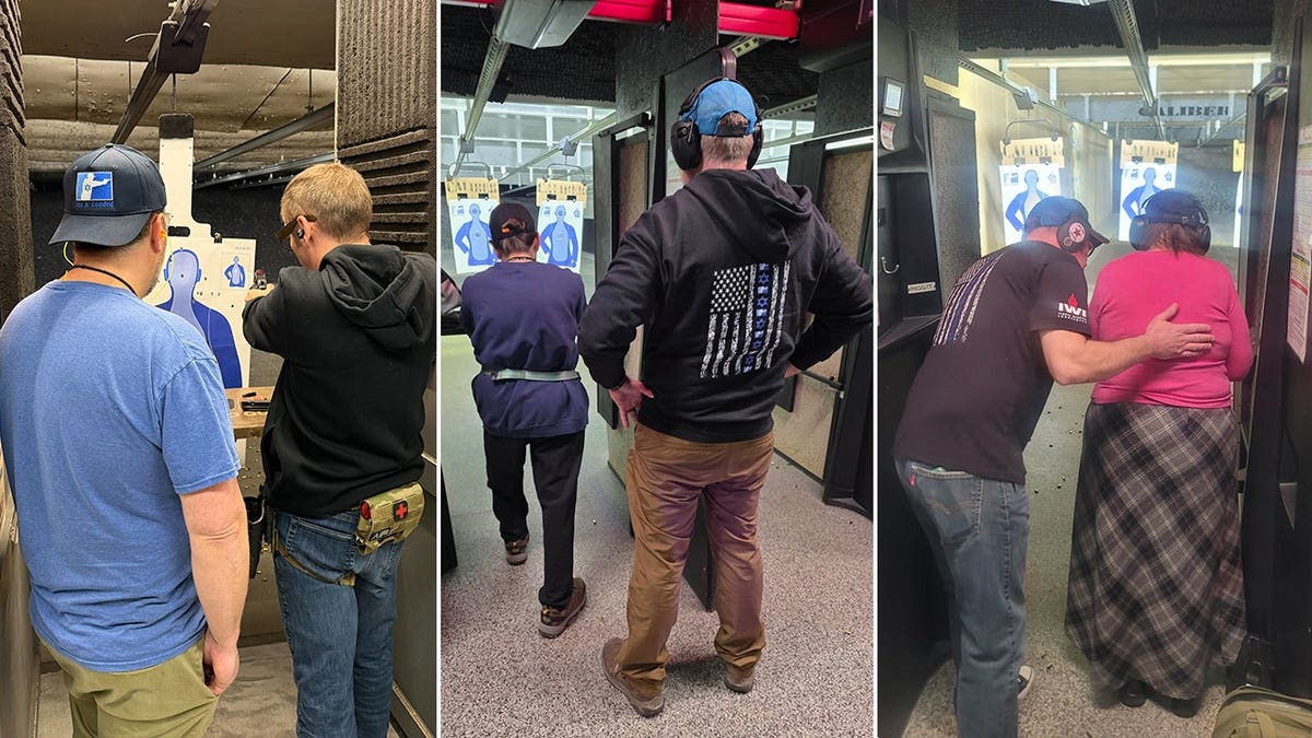 Three images of firearm instructors working with students