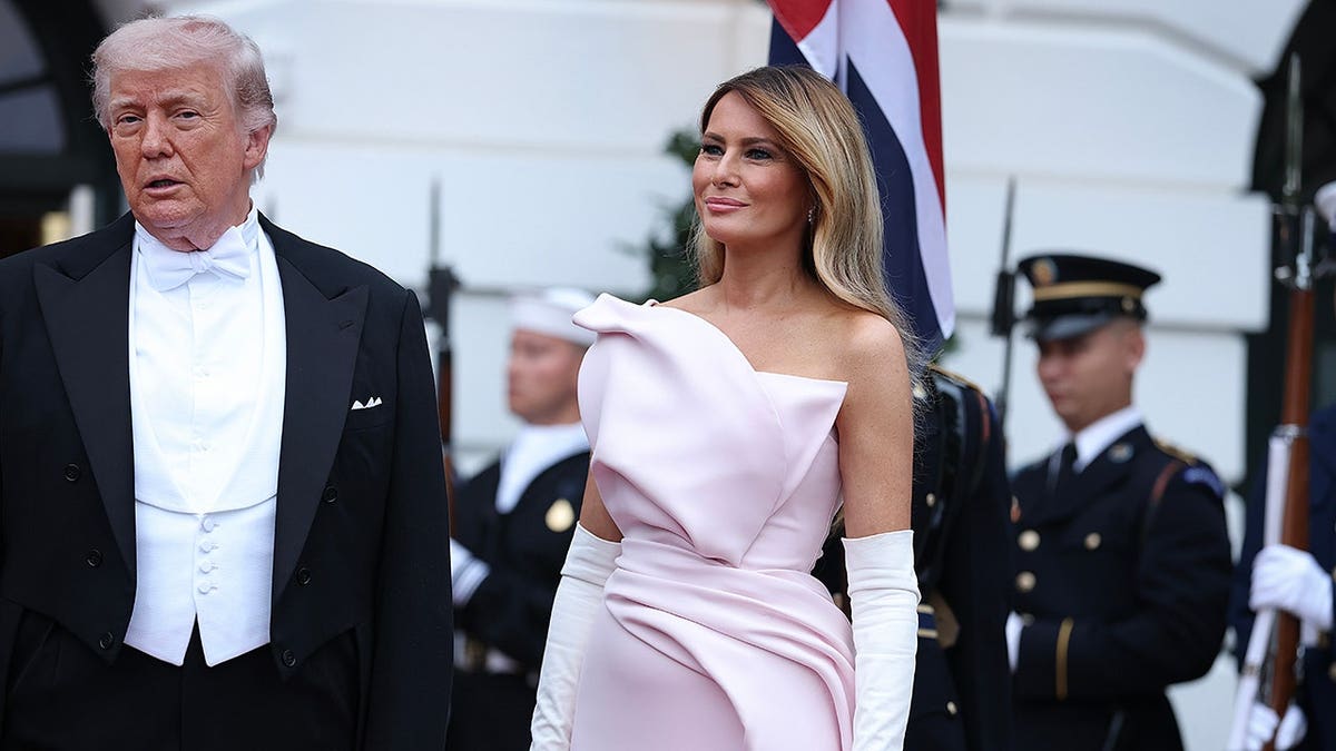 U.S. President Donald Trump and first lady Melania Trump standing with King Charles III and Queen Camilla at the White House