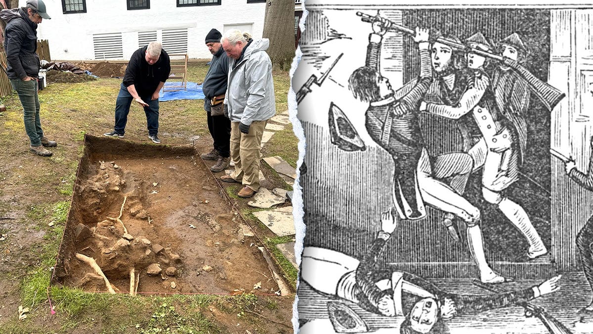 Split image of excavation site, cartoon depiction of Doan Gang robbery