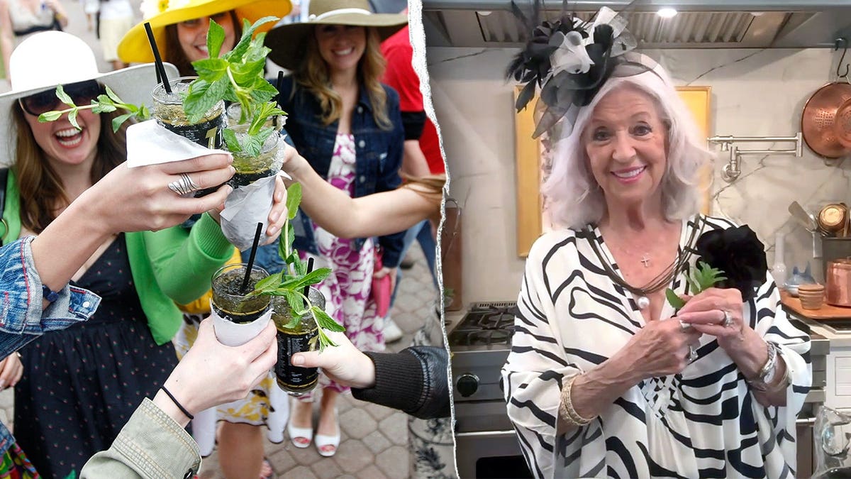 Derby attendees holding mint juleps, Paula holding mint plant