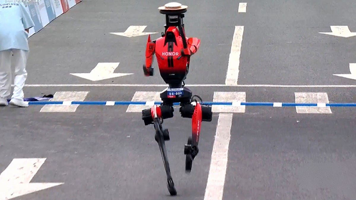 The robot crosses the finish line