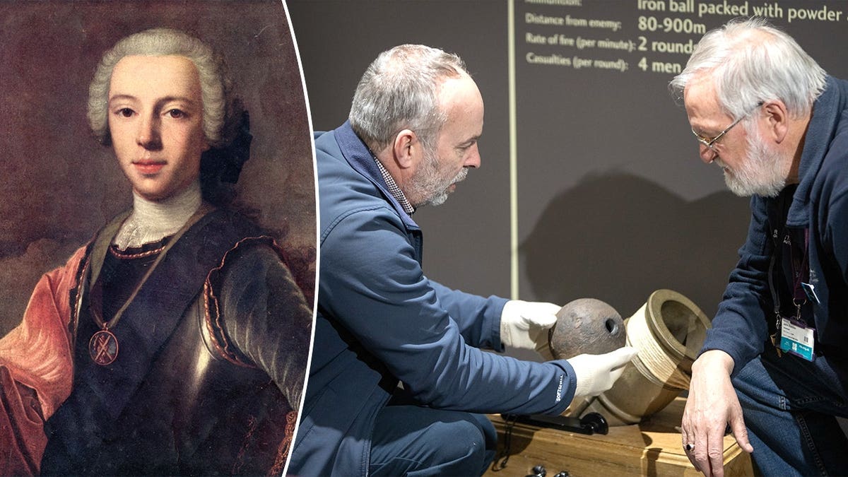 Separate photo of Bonnie Prince Charlie, NTS archaeologists holding a shell