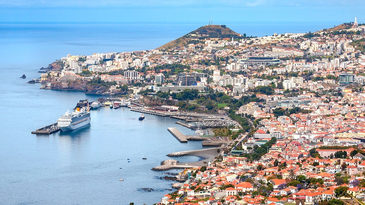 View of Madeira buildings, hills with cruise in port
