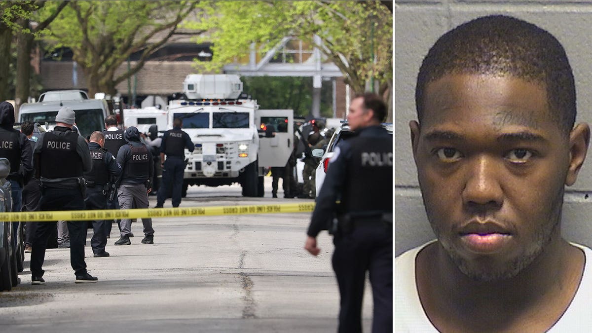 Police respond to a crime scene (L) and the booking picture for Alphanso Talley