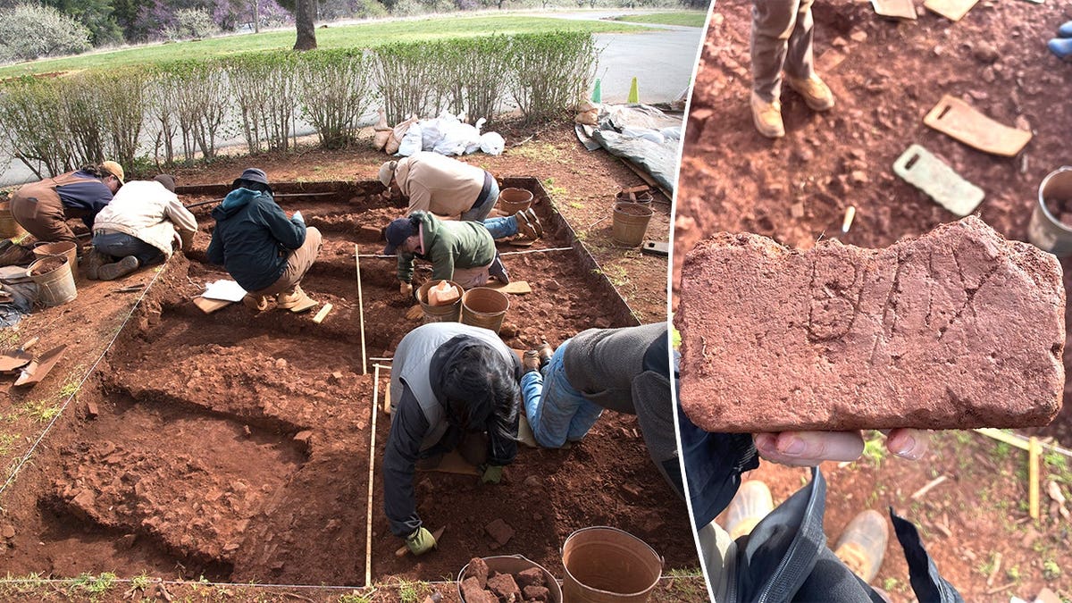 Split image of archaeologists digging in dirt, excavator holding up brick