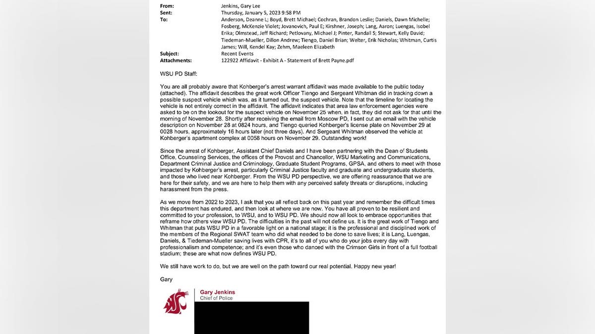 Email from Gary Jenkins to staff. Gary Jenkins was the Washington State University Police Chief.