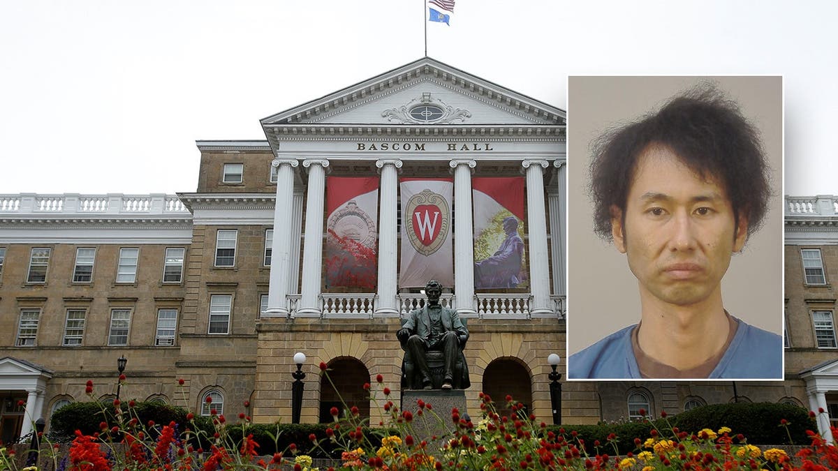 A photo of the University of Wisconsin's Bascom Hall inlaid with a mugshot of Makoto Kuroda