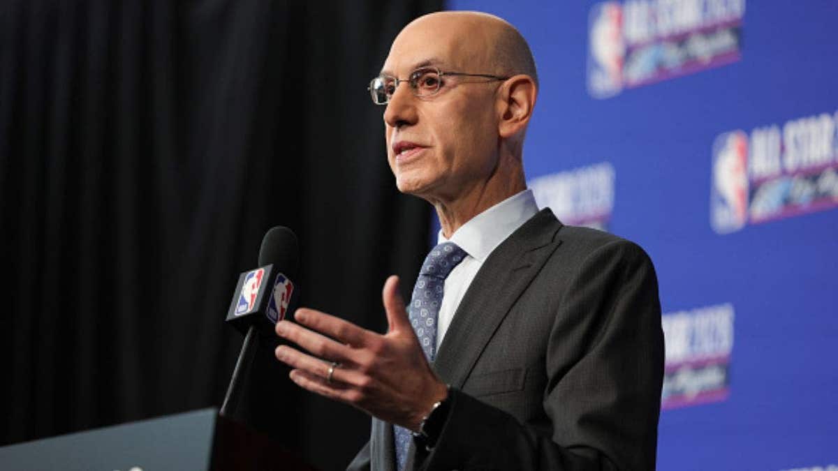 INGLEWOOD, CALIFORNIA - FEBRUARY 14: NBA Commissioner Adam Silver speaks during a press conference during 2026 NBA All-Star Weekend at Intuit Dome on February 14, 2026 in Inglewood, California. (Photo by Ryan Sirius Sun/Getty Images)