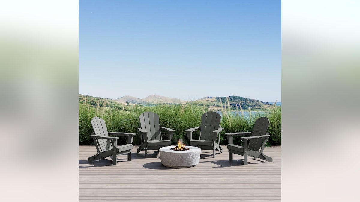 This set of four Adirondack chairs folds for easy storage.