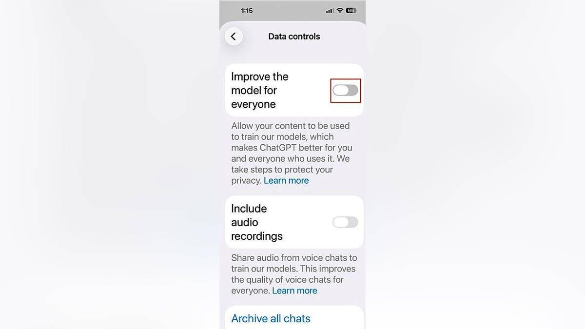 Close-up view of a smartphone screen presenting settings to opt out of AI data collection within ChatGPT