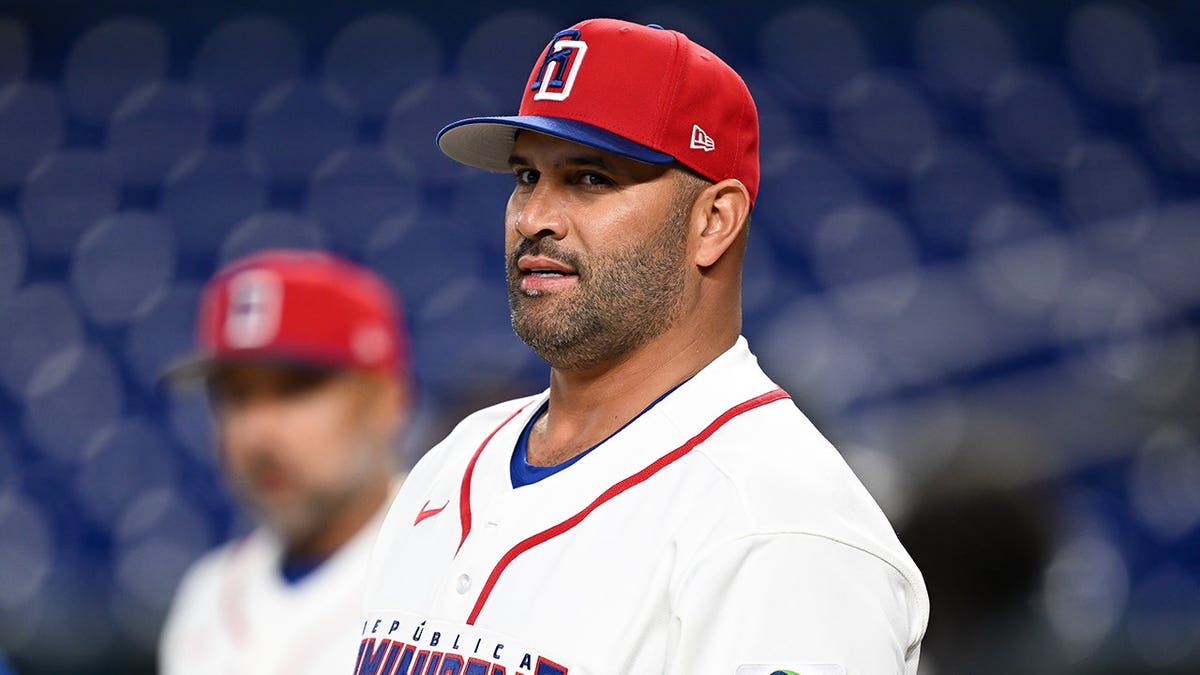 Manager Albert Pujols wearing Team Dominican Republic uniform practices at loanDepot park in Miami