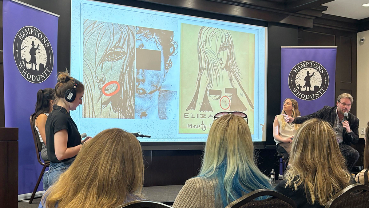 Alex Baber, far right, gestures to a screen showing an image he discovered while investigating the Zodiac and Black Dahlia murders, which he believes is evidence they are linked.