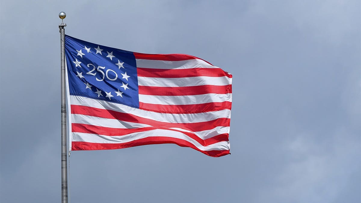 A detailed view of the special commemorative 250th anniversary American flag flying at a baseball stadium.