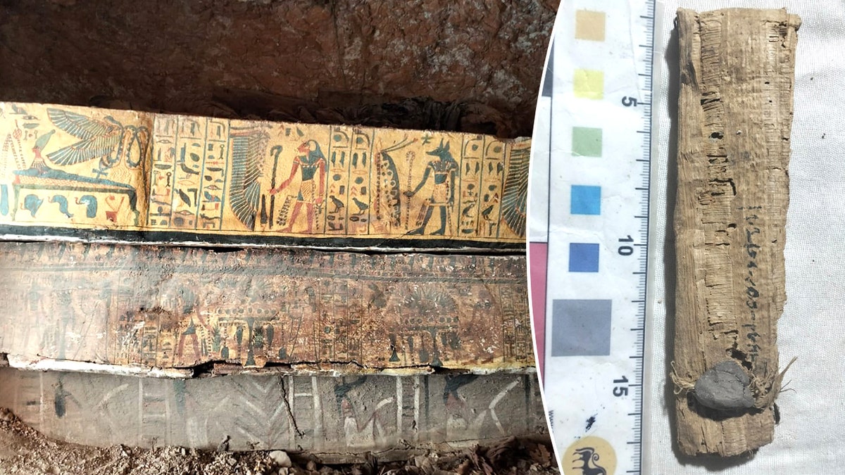 Interior of Egyptian chamber hieroglyphics and papyrus