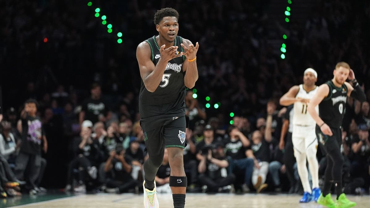 Minnesota Timberwolves All-Star Anthony Edwards celebrates making a 3-pointer in Game 3 of their first-round NBA playoff series vs. the Denver Nuggets at Target Center in Minneapolis.