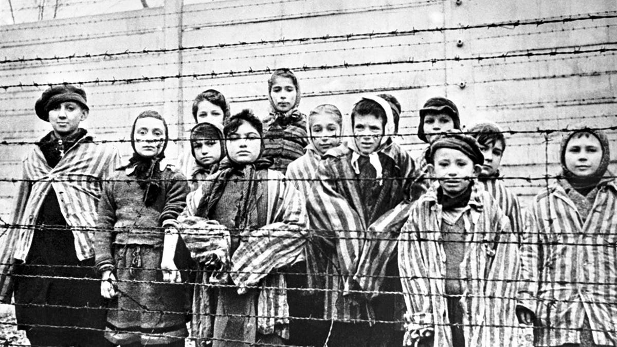 Child survivors including Tomy Schwarz and Miriam Ziegler behind barbed wire fence at Auschwitz-Birkenau camp