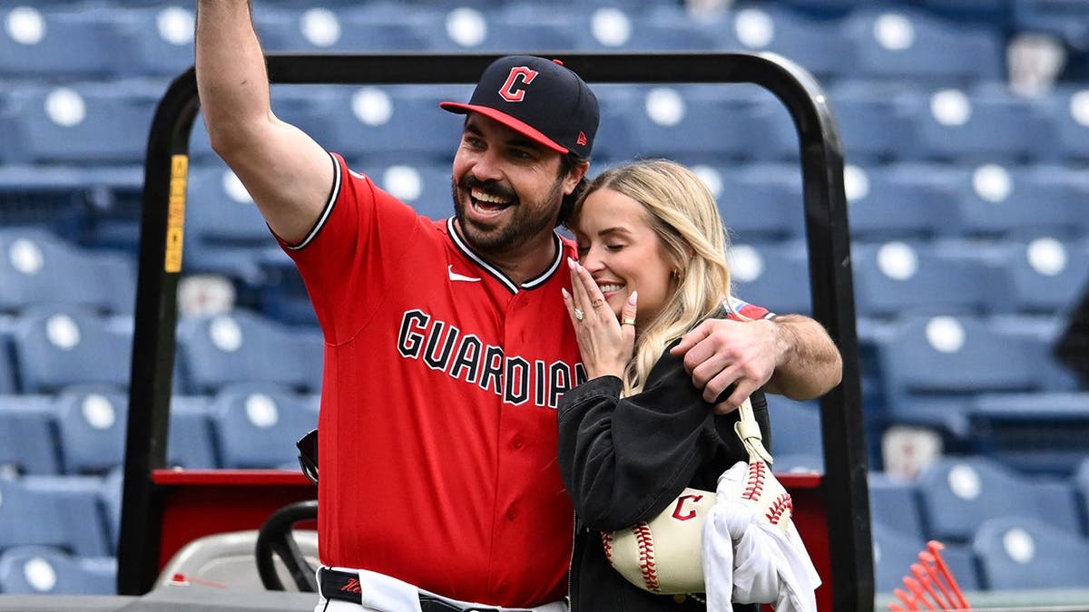 Austin Hedges and his girlfriend Lexi Dickinson celebrating their engagement at Progressive Field.