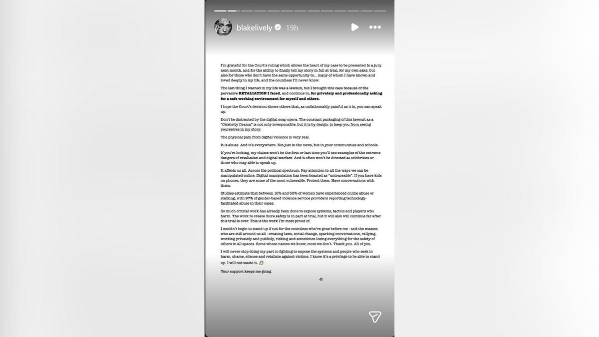 A statement shared to Blake Lively's Instagram story in reaction to the judge dismissing her sexual harassment claims.