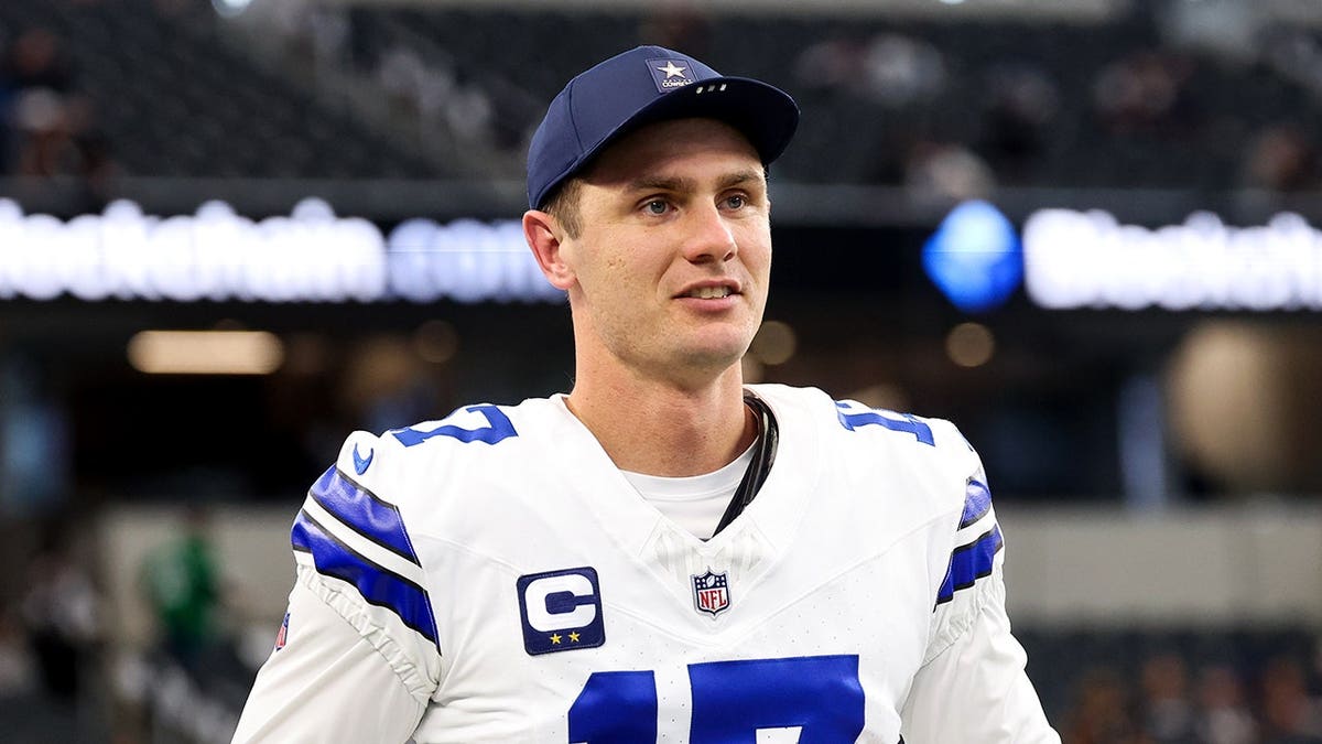 Dallas Cowboys kicker Brandon Aubrey looking on during warm ups at AT&T Stadium