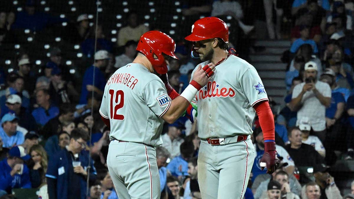 Bryce Harper and Kyle Schwarber celebrating at Wrigley Field