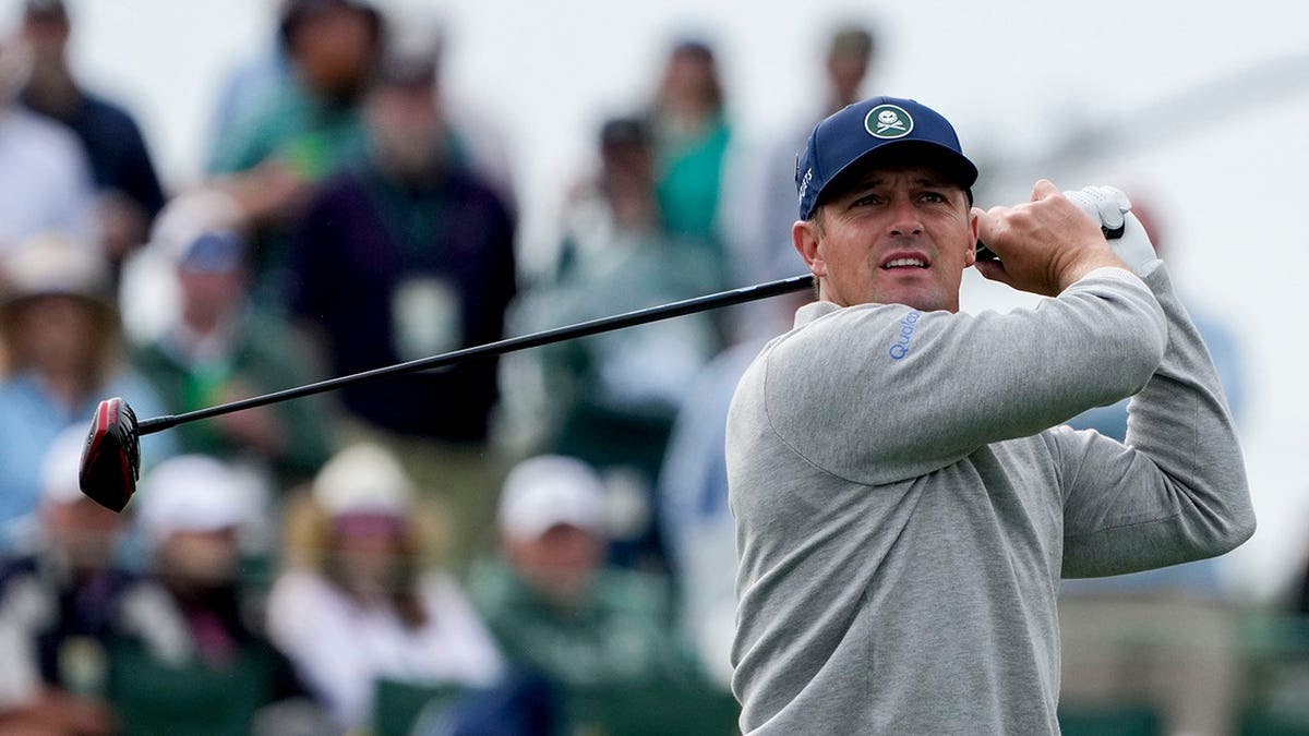 Bryson DeChambeau tees off on hole number 3 at Augusta National Golf Club