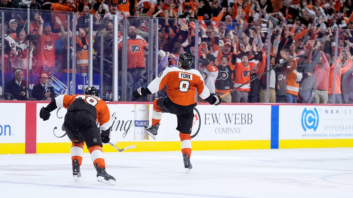 Philadelphia Flyers' Cam York celebrating after scoring game-winning goal in overtime