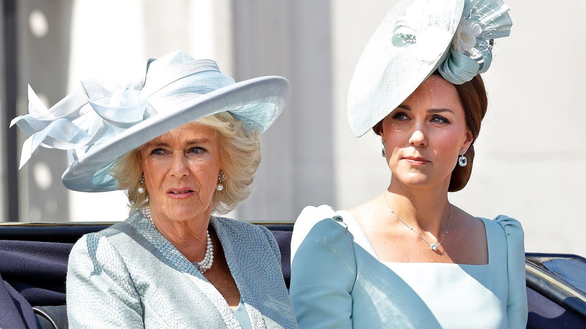 Camilla, Duchess of Cornwall and Catherine, Duchess of Cambridge riding in a horse-drawn carriage on The Mall in London