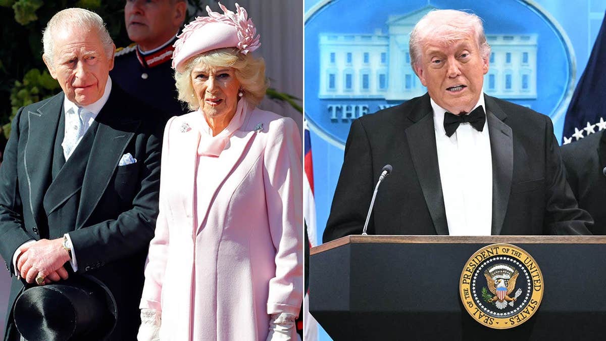 A split of Charles and Camilla and Trump at the podium
