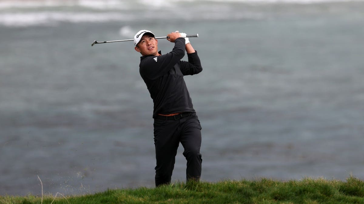 Collin Morikawa chips on at the 17th green during the final round of the 2026 AT&T Pebble Beach Pro-Am at Pebble Beach Golf Links in California.