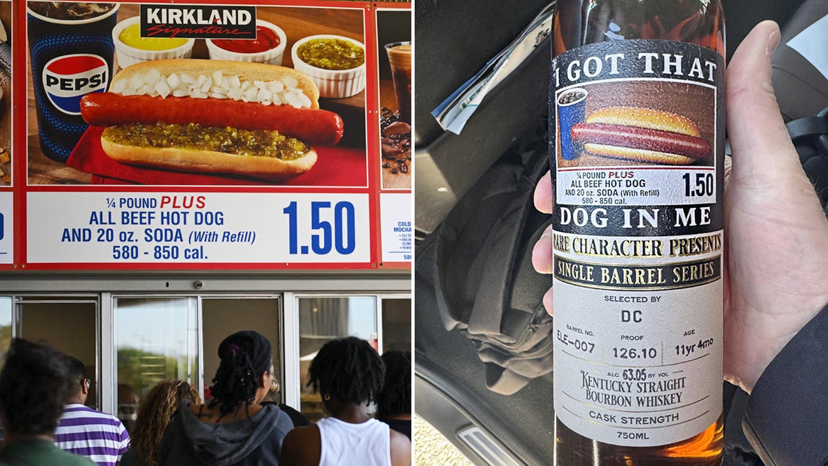 At left, Costco customers lining up at food court under signs including advertising $1.50 hotdog combo; at right, man holds bottle of limited-edition whisky with combo featured on label.