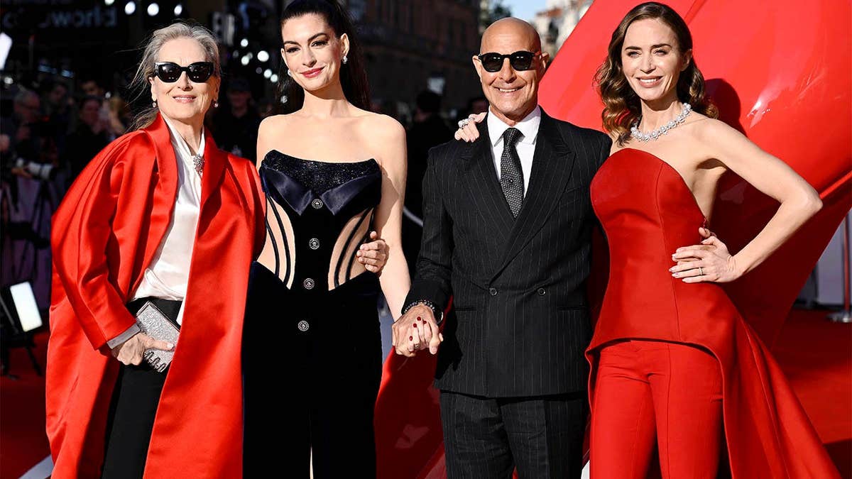 Meryl Streep, Anne Hathaway, Stanley Tucci and Emily Blunt posing at The Devil Wears Prada 2 European premiere in London