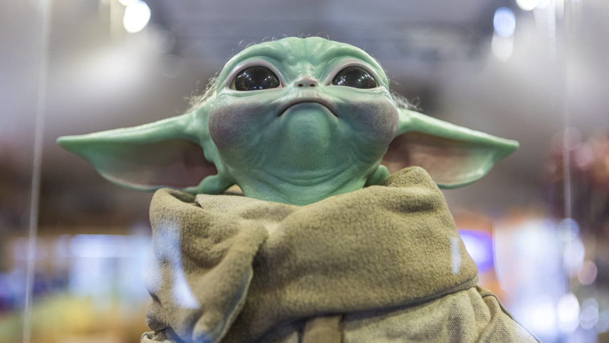 Sculpture of Din Grogu from The Mandalorian at amusement park in Madrid