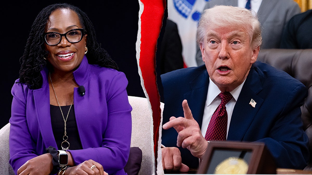 This split image shows Supreme Court Justice Ketanji Brown Jackson, left, speaking at the Atlantic Festival, and President Donald Trump, right, speaking at the Oval Office in Washington, D.C.