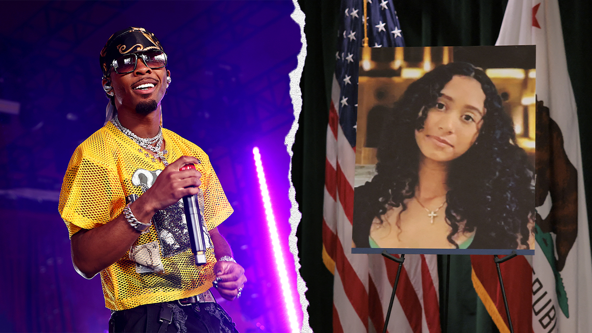 Left: D4vd performs at Coachella, right, a photo of Celeste Rivas Hernandez being presented at the new forum announcing the charges against her alleged killer, D4vd