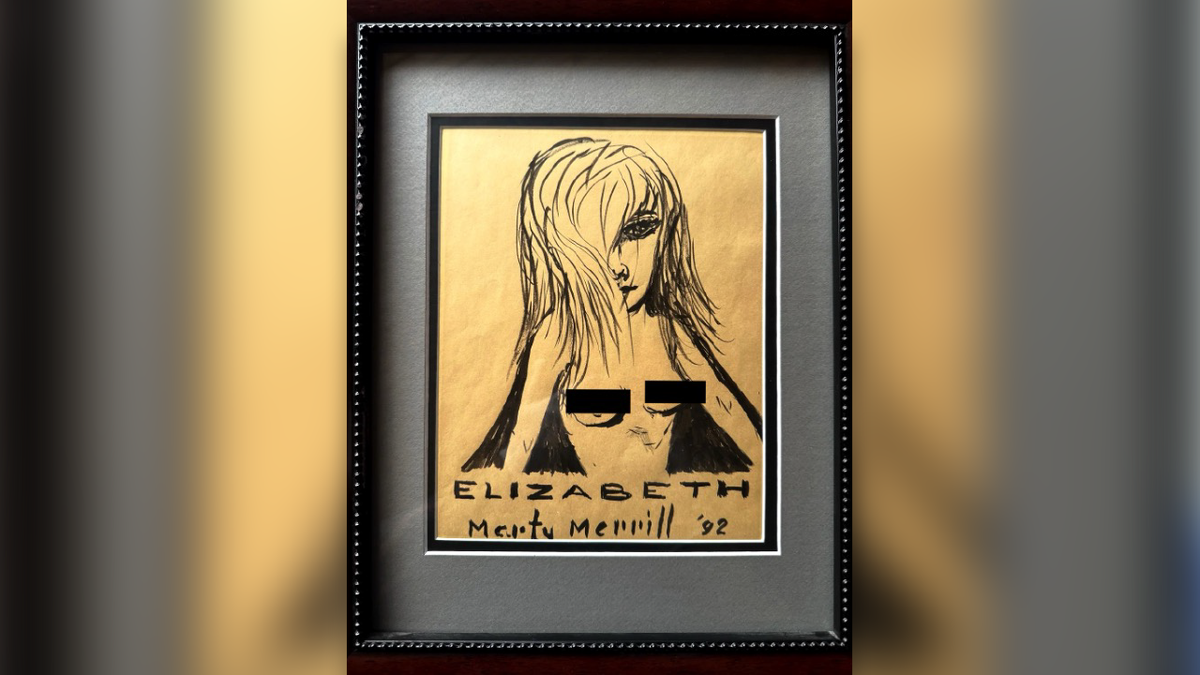 A sketch on yellow paper in a black frame, with the word Elizabeth across the bottom and signed by Marty Merrill