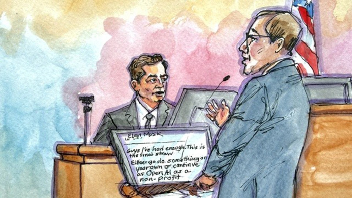 Elon Musk testifying during OpenAI trial in courtroom in Oakland, California