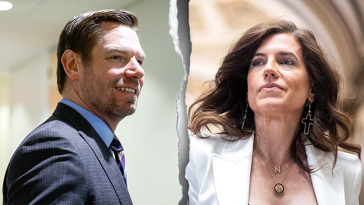 Split image shows Rep. Eric Swalwell and Rep. Nancy Mace.